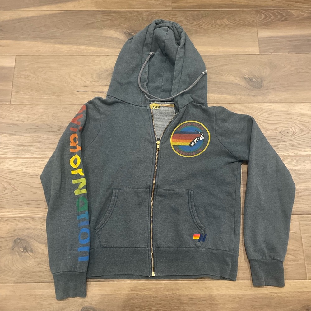 Aviator Nation Charcoal Gray Hoodie with Rainbow Accents